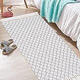 Yugarlibi Rhombus Teppich mit Quasten, Baumwolle Gewebte Teppiche Schwarz und Weiß Retro Teppich Waschbar Fußmatte Teppich Läufer für Wohnzimmer Schlafzimmer Küche, 60x130