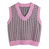 Graceyo Pullover Damen Herbst Winter Weste Casual Strickweste Sweatshirts V-Ausschnitt Vest Pullover Sweater Ärmellos Elegant Hahnentritt Karierte Strickpullover Pullunder Tank Top