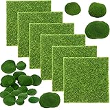 6Pcs Kunstrasen+14Pcs Künstliche Moos künstliche Rasen Matte Künstliche Moos Steine Mooskugel Deko für Miniatur Ornament Mini Garten Puppenhaus Terrarien B