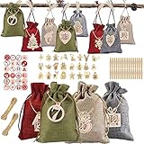 Adventskalender zum Befüllen Stoffsäckchen Stoffbeutel, Weihnachten Geschenksäckchen mit 24pcs Beuteln Holzklammern Nummernaufkleber, Adventskalender 2021 Kinder - Weinrot, Armeegrün, Beige, G