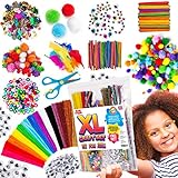 Kunst und DIY Handwerk für Kinder in Aufbewahrungstasche, Bastelbedarf für Kinder, Scrapbooking Bastelset, Pfeifenreiniger, Pompons, Kulleraugen, Federn, Perlen, Alter 4 bis 12 (1250+ STK)