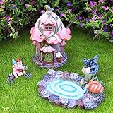La Jolíe Muse Figuren Set aus 4, Feengarten aus Harz- Miniatur Baumstumpf, Feen-Haus, Festliche Innen- und Außennutzung für die Terrasse, Garten, Geschenk O