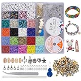 Olasfa 8270 Stück Mini Glasperlen zum Auffädeln 3mm Rocailles Perlen Armband Alphabet Perlen Set mit Muscheln Anhänger für Schmuckherstellung DIY Armbänder Halsketten Basteln Geschenk