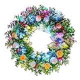 Kranz, Tür, Wand, Fenster, Heimdekoration mit 50 farbigen LEDs, 45,7 cm, künstliche Kränze Buchsbaum, grüne Blätter mit Blumen, für Festivals, Feiern und Party-Dekoration drinnen und drauß