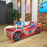Nobiko Autobett Kinderbett Bett Schlafzimmer Kindermöbel Spielbett 140 X 70 cm 160 x 80 cm 180 X 80 cm Matratze Lattenrost (ECOLOGO- und GREENGUARD Gold Zertifikat) (160 x 80 cm bis 8 Jahre, RED)