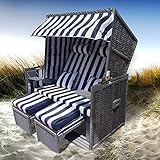 BRAST Strandkorb Nordsee XXL Volllieger Blau Weiß Rattan Grau incl Schutzhülle 2 Sitzer 120cm breit Gartenliege Sonneninsel Poly R