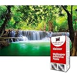 GREAT ART Fototapete Wasserfall im Wald 336 x 238 cm – Feng Shui Paradies Regenwald Natur Landschaft Bild Wandtapete Dekoration Wandbild – 8 Teile Tapete ink