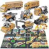 Dreamon Baustelle Lastwagen Legierung Mini Autos Set für Kinder 3 Jahre, Geschenk Set 8-teilig mit Frei Spielmatte Verkehrszeichen 