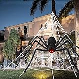 Ausein Halloween Riesen Spinnen mit Glühende Augen, 125cm Haarige Spinnen, 5*4.8 m Spinnennetz, gruselige Spinnen Requisiten für Halloween dekoration im Innen und Draussen, Garten Deko, Schw