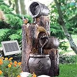 Solar Gartenbrunnen Brunnen BAUMSTUMPF & TONKRÜGE Zierbrunnen Wasserfall Springbrunnen für Terrasse, Balkon, verbessertes Modell mit Pumpen-instant-Start-Funktion mit Li-Ion-Akku & Led-L