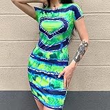 QBQZXAOSOWH Hübsche Kleider Dress Damen Frauen Kleid Frauen Tie Dye Sexy O-Ausschnitt Kurzarm Bodycon Kleid Herz Printed Slim Elastische Party Kleider L Grü