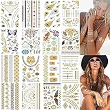 16 Sheets Temporäre Tattoos Wasserdicht Metallic Tattoos, Tätowierung Wasserdicht Metallic Temporäre Tattoo in Gold Silber Aufkleber Körper, Tattoo zum Aufkleben für Frauen Mädchen Body