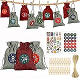 24 Adventskalender Tüten mit 32 Zahlen Aufkleber und Hanfseil Klammer , Tenwo DIY Adventskalender zum Befüllen Geschenksäckchen Set Weihnachten Geschenk DIY Stoffbeutel Weihnachtskalender Dek