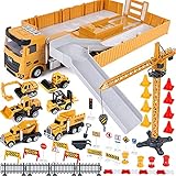 Baufahrzeuge Kinder groß LKW Fahrzeug Spielzeug mit Kran Spielzeug Bagger Dampfwalze Planierraupe Lastwagen Betonmischer Gabelstapler Konstruktionsfahrzeuge Geschenk für Kinder Jungen 4 5 6 7 8 J