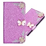 Samsung Galaxy S6 3D Butterfly Sunflower Bling Glitter Glitzer Diamond Musterg Ledertasche Slim Retro Bookstyle mit Standfunktion Karteneinschub und Magnetverschluss Flip Wallet Hülle Schutzhü