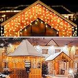 Lichterkette Eisregen Außen, Aotono 300 LED Lichtervorhang Außen, 7.5 M + 5 M Lichterkette Eisregen Stecker, 8 Modi, Strombetrieben, mit Fernbedienung, für Dach Balkon Weihnachten Party H