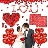 Punvot Romantische Deko Kerzen, Hochzeit Dekoration Romantische Deko Set 1000 Rosenblätter Rosen,50 Rot Teelichter,10 Rot Folienballon Folienballons Hochzeitssaison Kit für Hochzeit, Hochzeitstag