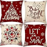 Kissenbezug 65x65cm,Kissenbezug Weihnachten 4er Set,Roter Schneeflocke-Weihnachtsbaum Deko Sofa Kissen Kissenhülle, Quadrat Samt Kopfkissenbezug,Kissenbezüge für Home Office Couch Auto Dek