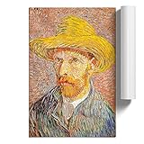 BIG Box Art Selbstporträt mit einem Strohhut von Vincent Van Gogh Poster Wandkunst ungerahmt Bild Druck A2 (59,4 x 42 cm), Creme, Grau, Gold, (59.4 x 42 cm)