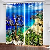 GXCBLK Vorhänge Blickdicht Gardinen Mit Ösen Thermovorhang Verdunkelungsvorhang Für Kinderzimmer Wohnzimmer Fensterdekoration 3D Blauer Ozean Goldener Strand Muster Ösenschal 100X160Cm 2Er S