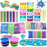 JORAKI 64-teiliges DIY Ton Schleim Kit mit Crystal Schleim Ton Glitzer Konfetti Pulver Schaumkugel Harz Tierform Schneider Slime Fluffy Set für Kinder Kunsthandwerk Spielzeug Geschenk ab 3 J