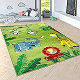 Kinderteppich Spielteppich Paco Home Dschungel Tiere Palmen AFFE Elefant Giraffe Löwe Grün, Grösse:80x150