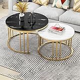 HHMKL Nesting Living Room Round Coffee Nested Table 2er Set Marmorähnlicher Akzent Nesting Beistelltisch Sofa Beistelltisch Holztischplatte Metallstapel Teetisch Large Little für Z