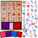 HOWAF 16pcs Hölzern Stempel für Kinder Mädchen Basteln mit Stempelkissen 4pcs, Einhorn Meerjungfrau Prinzessin Herz Regenbogen Schmetterling Stempel für Mädchen DIY Karte Scrapbooking Gastgeschenk