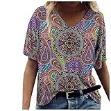 Higlles T-Shirt Damen Bluse Tops Oberteile Frühling Sommer Lose Casual Basic Oversize Hemd Teenager Mädchen und Frauen mit Motiv Vintage Boho Plus Size Scenic Flowers Drucken Rundhals T-Shirt Top