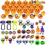 Halloween Party Favors Set, 24 Prefilled Pumpkin Boxes Including Vampire Teeth, Eyeballs, Spider Rings, Halloween Stamps, Tops, Yo-yos, Eye Rings, Toy Skeleton for Kids Trick or Treat, Party F