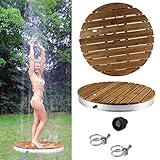 @tec Gartendusche Aussendusche aus massivem Teak-Holz, Mobile Bodendusche Campingdusche, Sauna- & Pool-Dusche rund mit Bodenplatte für den Garten, Outdoor Show