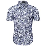 CFWL Printed Thin Section KurzäRmelige Unique Pattern Flower Shirt Slim Revers Mode Wild Business Freizeitkleid British Fashion Classic Shirt ReguläRe Version V-Ausschnitt Blau XXXXXL