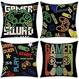 ALINK 4 Stück Gaming Kissenbezug Gamer Kissenbezug Videospiel Kissenbezüge für Gaming Fan Videospiel Themed Party Sofa Schlafzimmer Lustige Neuheit Geschenk Halloween Weihnachten Dekor (45 x 45 cm)