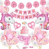 Unicorn Birthday Party Dekoration Mädchen, TOLOYE Rosa Geburtstag Dekoration Set mit Banner Latex Confetti 3D Einhornfolie Ballons Pompons, Pastell Einhorn Party Supplies für Baby G