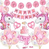 Unicorn Birthday Party Dekoration Mädchen, TOLOYE Rosa Geburtstag Dekoration Set mit Banner Latex Confetti 3D Einhornfolie Ballons Pompons, Pastell Einhorn Party Supplies für Baby G