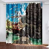 Gabapipa® Kindergardinen für Wohnzimmer Schlafzimmer Piratenschiff 2 Stücke B140 x H245 cm Gardine Blickdicht Thermo Vorhang Kinderzimmer Gardinen Junge Mädchen Ösenvorhang