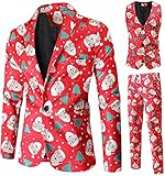 Männer Weihnachtsdruck 3-teiliger Blazer Jacke Weste Mantel und Hose Casual Slim Buttons Anzug Männlich Langarm Revers Tasche Cardigan (Rot 4,XL)