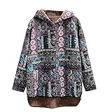 Damen Hoodies Plüschfutter Fleece Pullover Ethnisches Muster Pullover Vintage Kapuzenjacke Retro Sweatjacke Casual Lose Kapuzenpullover Farbblock Langarm Shirts Offene Front Knop