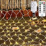 Ollny Weihnachtsbeleuchtung LED Lichternetz 3x2m, 200 LED Lichterkette Netz Warmweiß mit Fernbedienung & Timer, 4 Helligkeitsstufe 8 Modi Tannenbaum Lichterkette außen für Zimmer Garten W