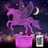 Einhorn-Geschenke für Gitter, 3D-Illusion, Nachtlicht, Nachttischlampe, mit Fernbedienung, 16 Farben, dimmbar, kreatives Geschenk für Zimmer/Heimdekoration, Geburtstag, M