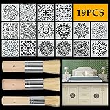 WOWOSS 16 St Wiederverwendbare Schablonen 3 St Holzschablonenpinsel,Mandala-Schablonen Lasergeschnittene Malvorlage Malschablone für DIY Walls Art Scrapbook,Acrylmalerei, Ölmalerei,