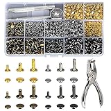 480 Sets 3 Größen Leder Nieten Doppelkappe Rivet Tubular Metall Ohrstecker mit 4 Werkzeuge Zange/Setzer für DIY Lederhandwerk kleidung (Gold, Silber,Messing und Gunmetal)…