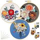 Pajaver 3 Stück Stickerei Starter Kit mit Muster und Anleitung, Stickerei Set mit 3 Stickmustern Blumenmuster und Stickrahmen, Colored Threads and Sticken Tools-20CM