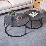 LOHOX 2er-Set Couchtisch Wohnzimmertisch Satztisch mit leisen Füßen Rund Sofa-Beistelltisch Couchtisch Schieferfarbe + Schmiedeeisenrahmen 15mm Dicke Platte Wohnzimmer 80+60CM /70+50CM