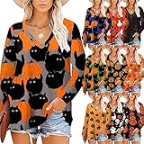 IKFIVQD Damen Halloween Langarm Skelett Kürbis Mode Sweatshirts Oversized Shirts Lose Pullover Tops, 01#, 48