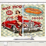 DECISAIYA Küche Vorhang Diner Hot Dog Vintage Pin Up Girl und Retro Auto 1950S Gemütlich Fenstervorhänge mit Metallhaken Mehrfarbig 2 Paneel-Set für Zuhause,Café,Dekoration,140x100