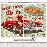 DECISAIYA Küche Vorhang Diner Hot Dog Vintage Pin Up Girl und Retro Auto 1950S Gemütlich Fenstervorhänge mit Metallhaken Mehrfarbig 2 Paneel-Set für Zuhause,Café,Dekoration,140x100