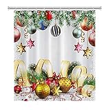 Weihnachts-Duschvorhang, glitzernder Duschvorhang, glitzernd, bunte Weihnachtskugeln, Bänder und hängende Sterne, für Zuhause, Weihnachten, Badezimmer, Dekoration, wasserdichter Stoff Duschvorhang