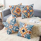 Wyooxoo Kissenbezüge 50,8 x 50,8 cm, blaues Blumenmuster und Boho-Retro-Muster, Kissenbezug für Couch, Sofa, Outdoor-Dekoration, Leinenstoff, dekoratives Set von 4 (09HL Blume, 20 x 20)