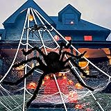 Halloween Spinne und Spinnennetz Deko Set, 5m Triangel Spinnennetz, 125cm Gruselige Riesenspinne, 50g Superstretch Spinnwebe und 10 Kleine Plastikspinnen, für Party Indoor Outdoor Gartendek